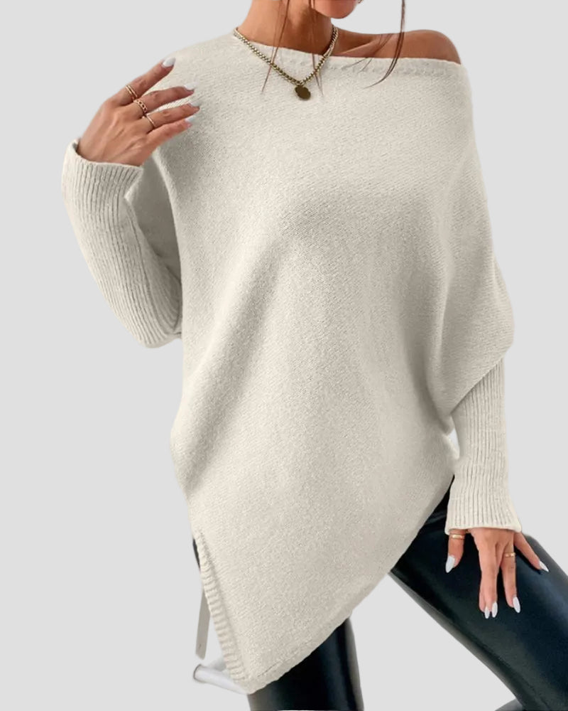Pullover Sweater with Off Shoulder Neckline and Irregular Hem