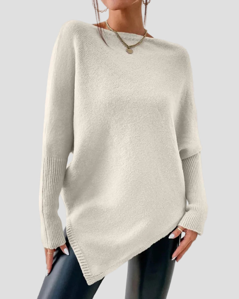 Pullover Sweater with Off Shoulder Neckline and Irregular Hem