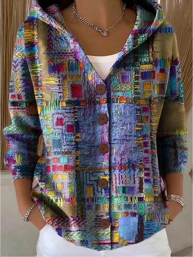 Women's elegant hooded cardigan with button front in purple