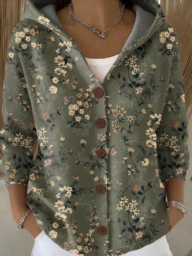 Women's elegant hooded cardigan with button front in dark green