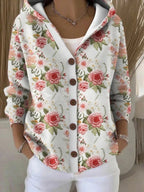 Women's elegant hooded cardigan with button front in floral white