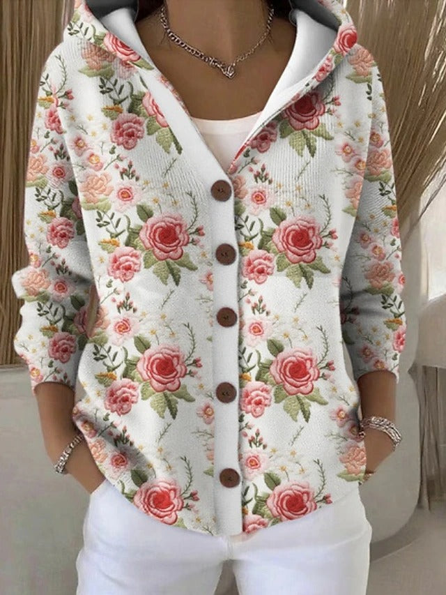 Women's elegant hooded cardigan with button front in floral white