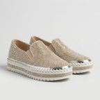 Women's rhinestone embellished slip on platform flats in light gold