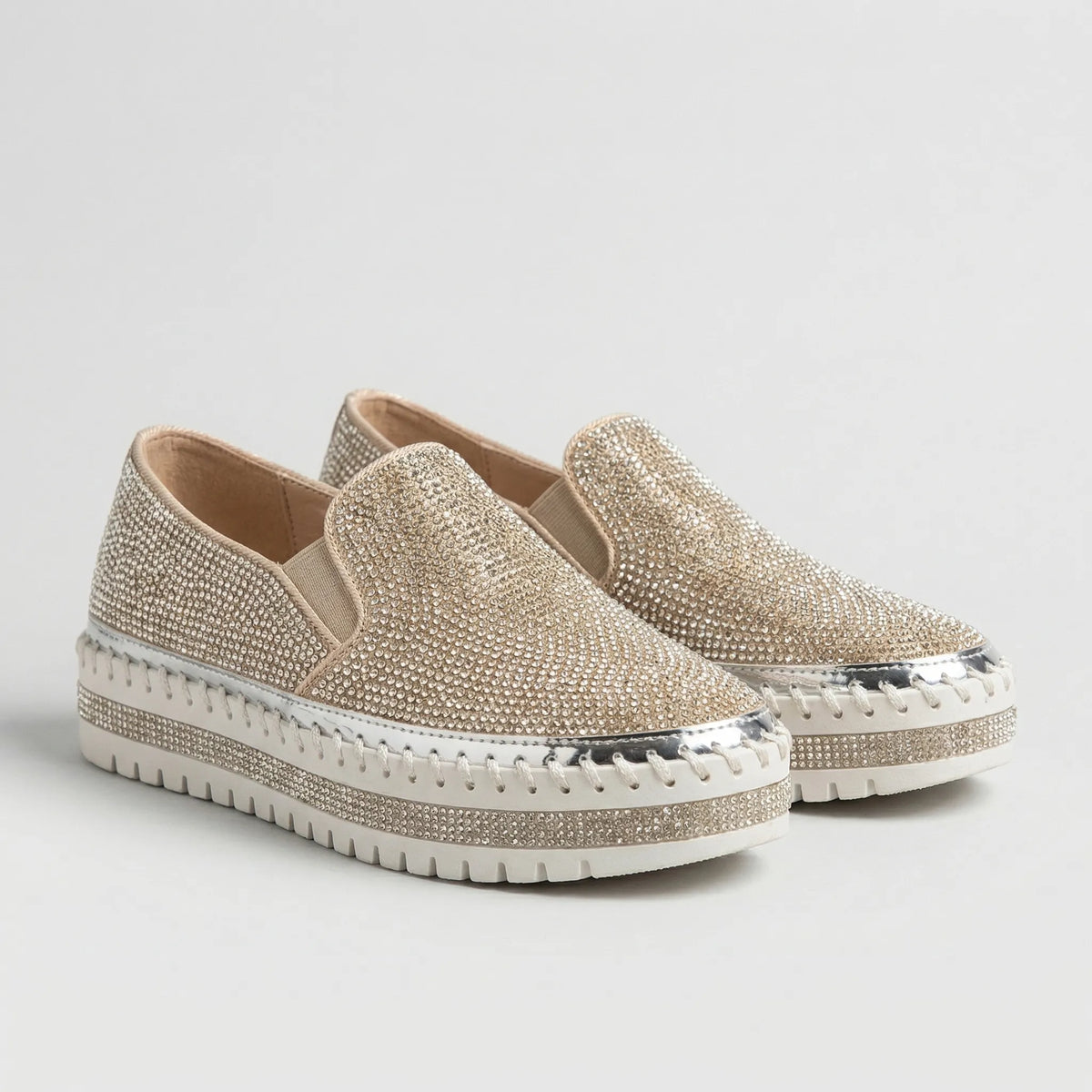 Women's rhinestone embellished slip on platform flats in light gold