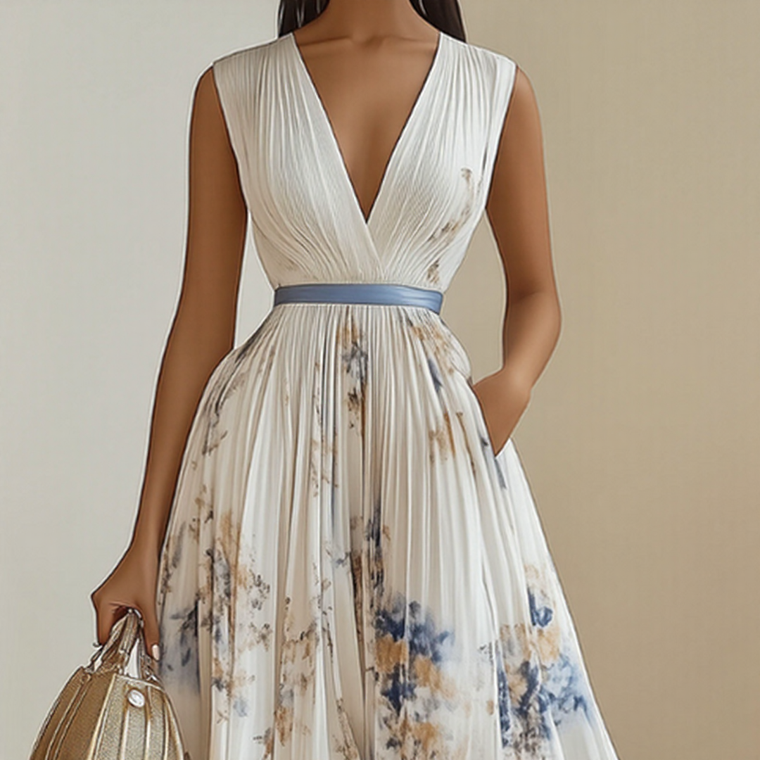 Pleated Maxi Dress with Ribbon Waist