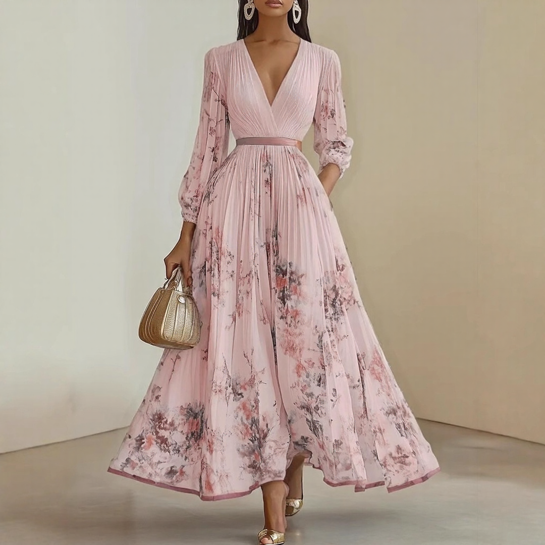 Pleated Maxi Dress with Ribbon Waist