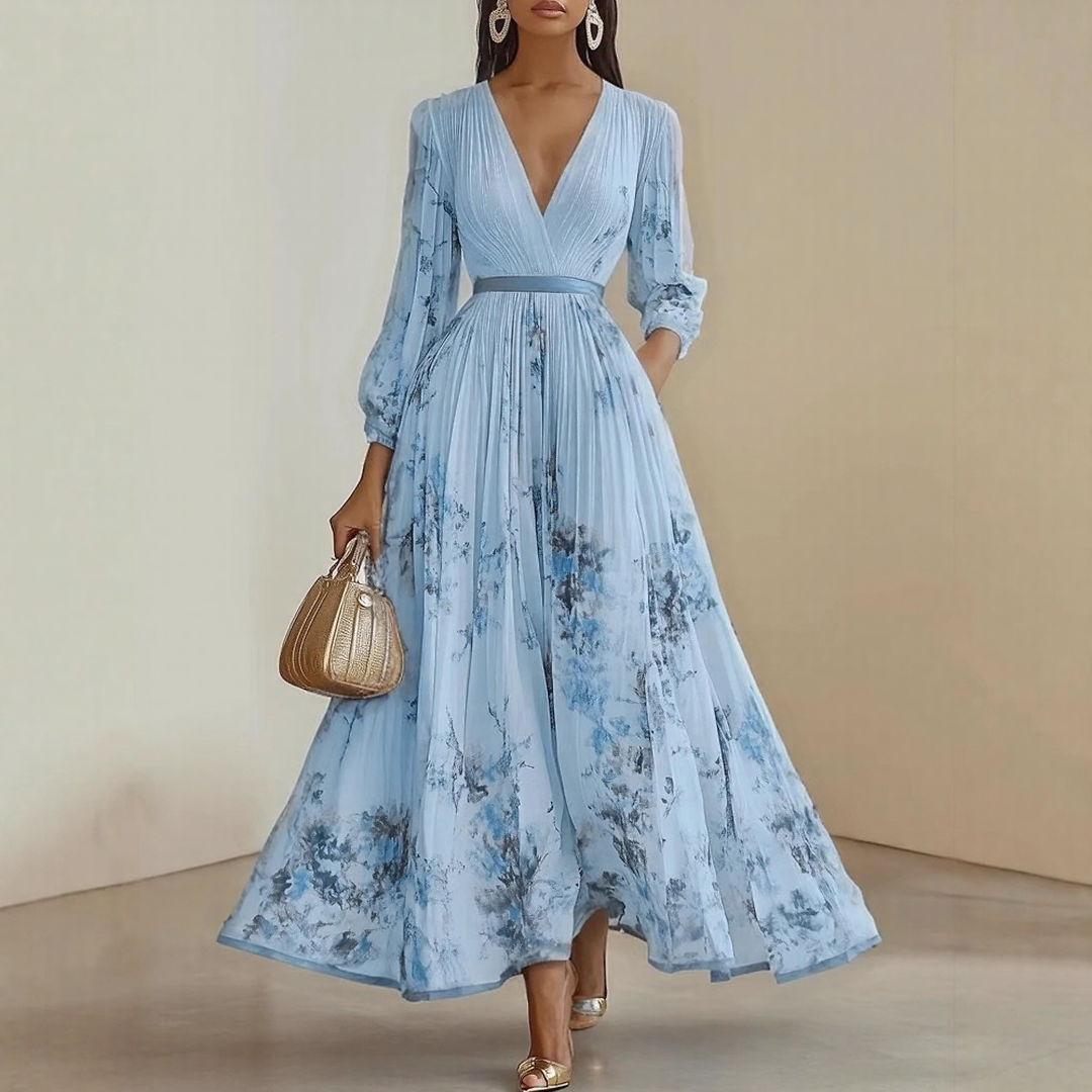 Pleated Maxi Dress with Ribbon Waist