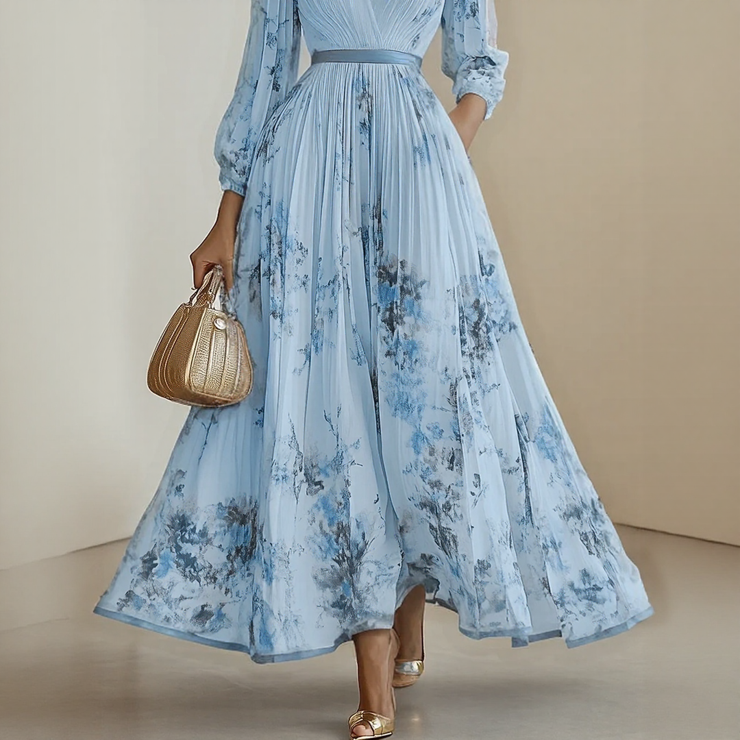 Pleated Maxi Dress with Ribbon Waist