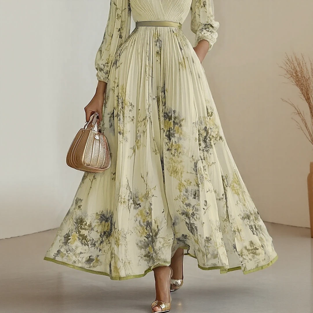 Pleated Maxi Dress with Ribbon Waist