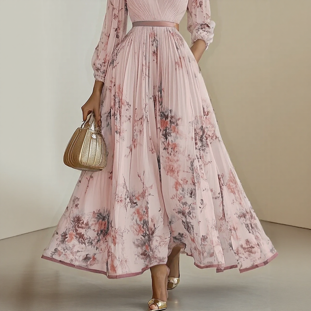 Pleated Maxi Dress with Ribbon Waist
