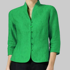 Women's stand collar button front blouse with three quarter sleeves