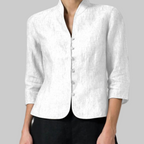 Women's stand collar button front blouse with three quarter sleeves in white