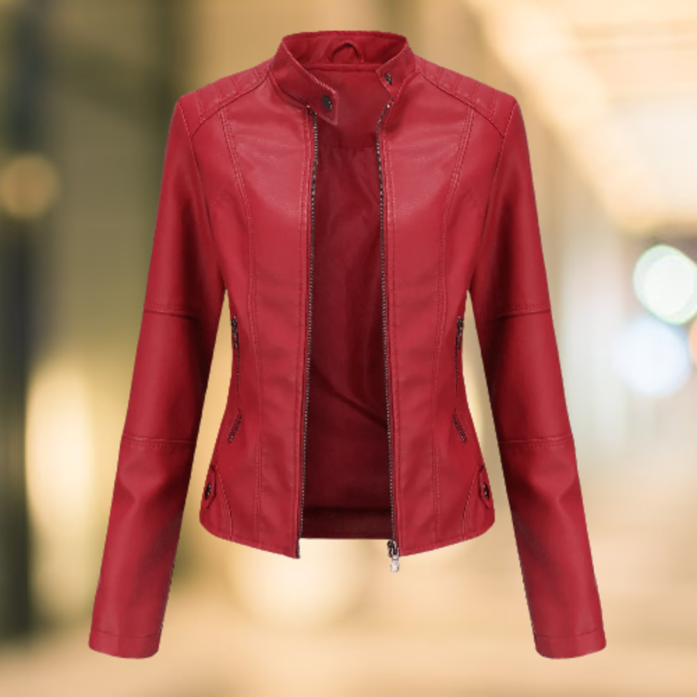 Stand collar leather jacket with zip front in wine red