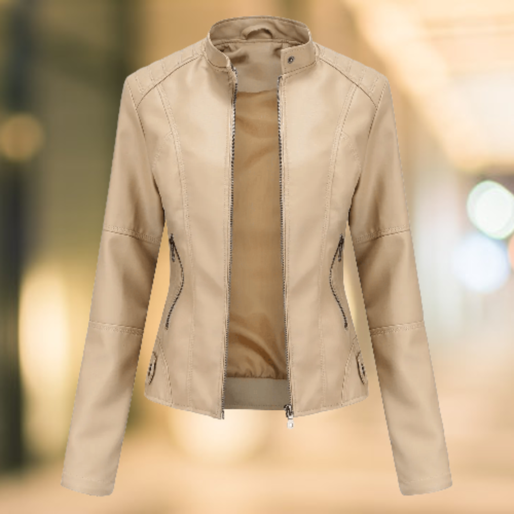 Stand collar leather jacket with zip front in apricot