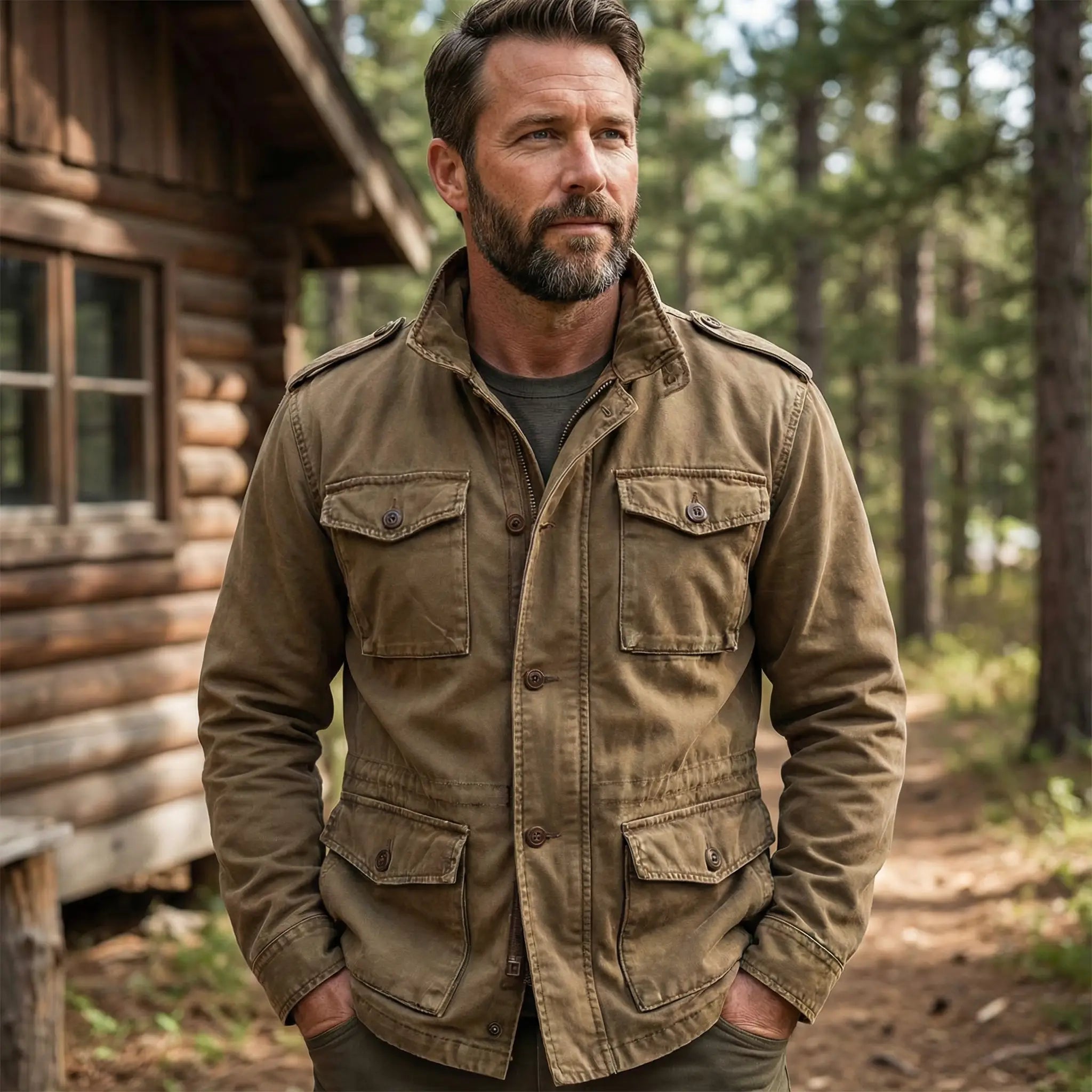 Casual Field Jacket for Men Vintage Multi Pocket Style