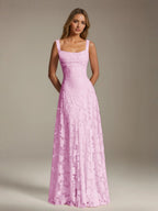 Women's A-Line Bridesmaid Dress featuring Floral Lace Design, Elegant Formal Gown for Weddings 13