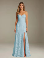 Elegant women's A-line evening dress in a rich hue, designed for formal occasions and wedding guests, featuring a sophisticated side slit for added allure. 0
