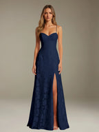 Elegant women's A-line evening dress in a rich hue, designed for formal occasions and wedding guests, featuring a sophisticated side slit for added allure. 10