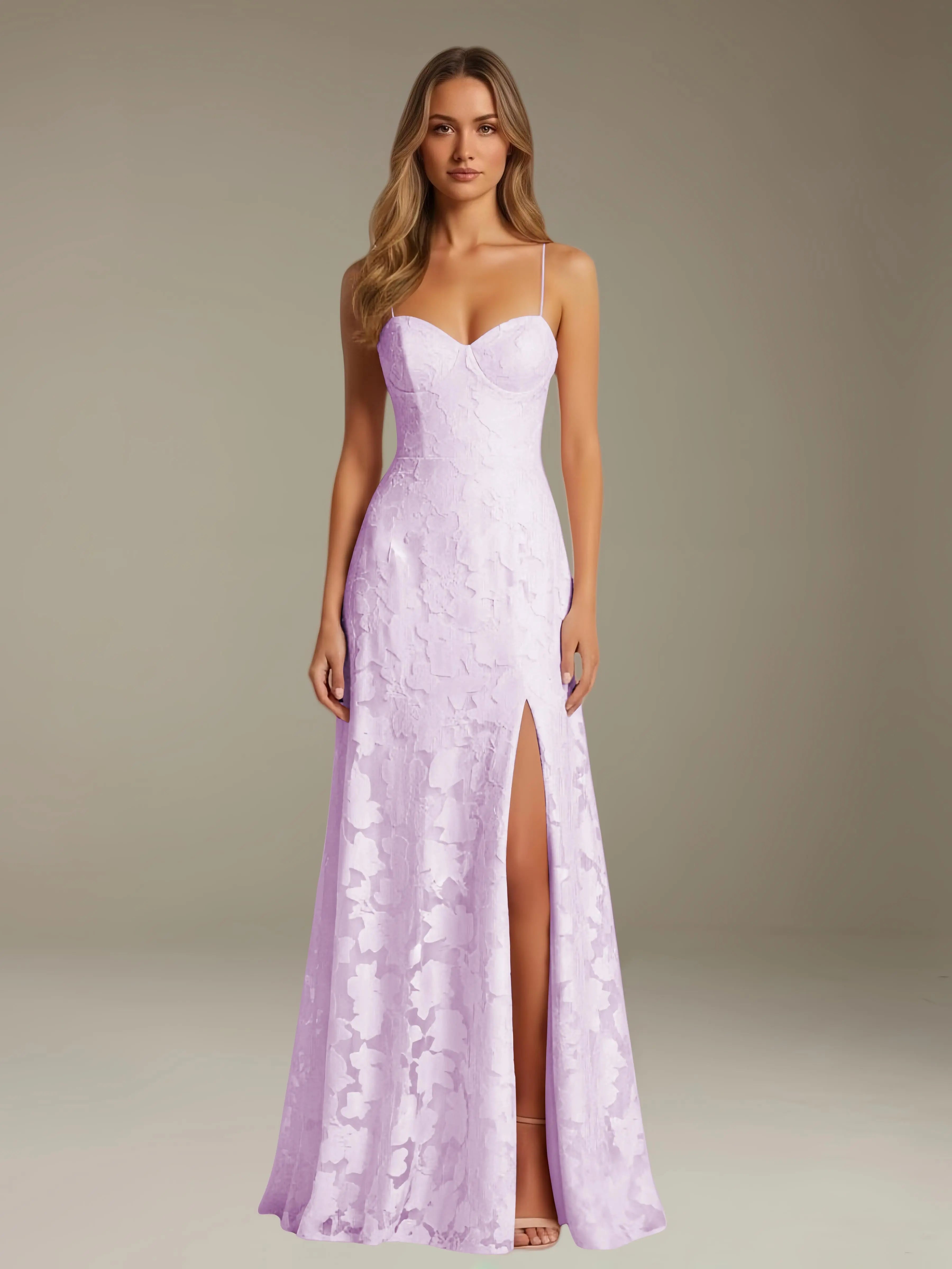 Elegant women's A-line evening dress in a rich hue, designed for formal occasions and wedding guests, featuring a sophisticated side slit for added allure. 12