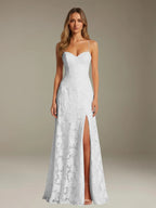 Elegant women's A-line evening dress in a rich hue, designed for formal occasions and wedding guests, featuring a sophisticated side slit for added allure. 13