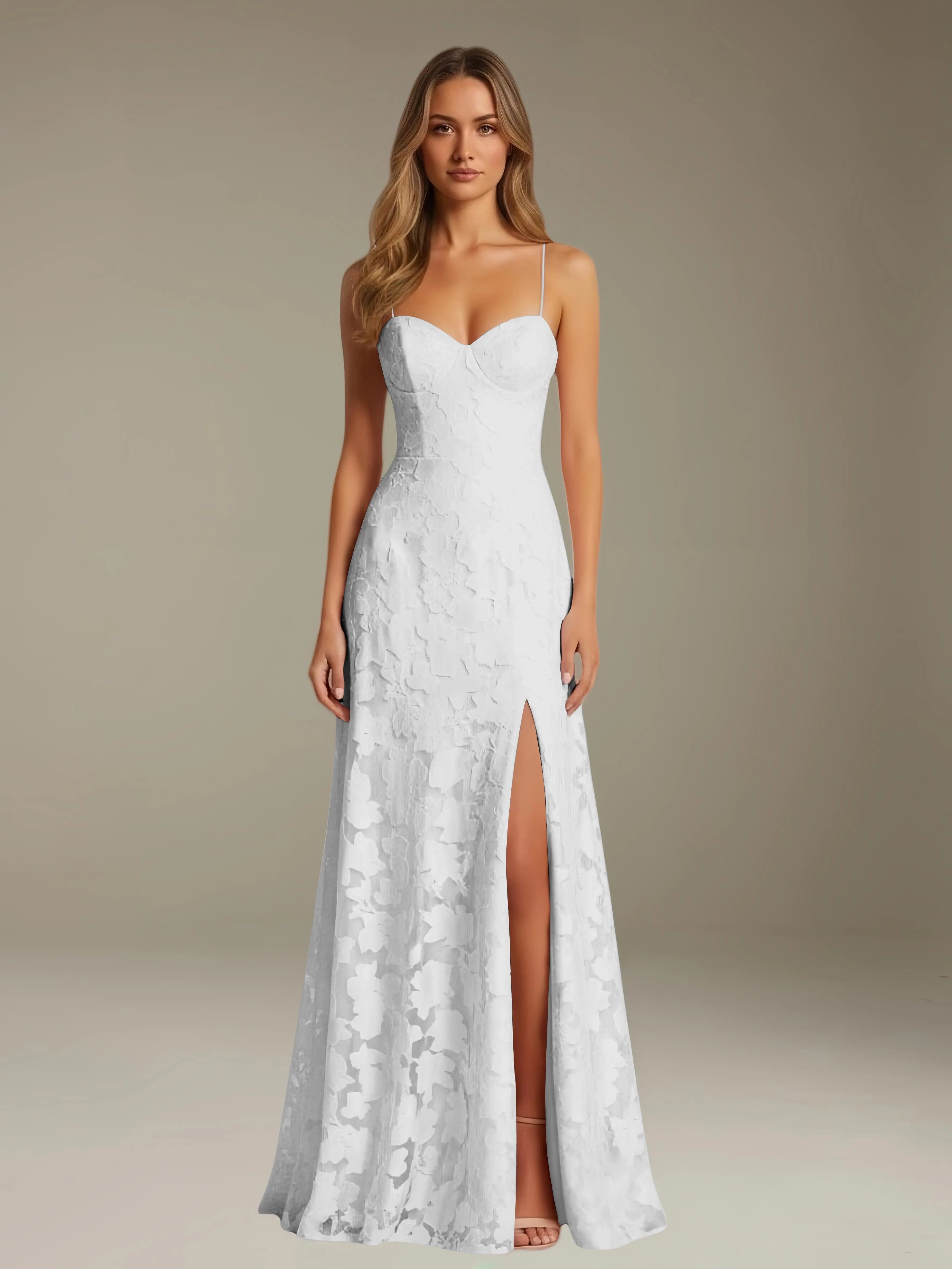 Elegant women's A-line evening dress in a rich hue, designed for formal occasions and wedding guests, featuring a sophisticated side slit for added allure. 13