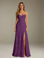 Elegant women's A-line evening dress in a rich hue, designed for formal occasions and wedding guests, featuring a sophisticated side slit for added allure. 15