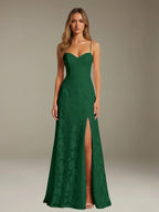 Elegant women's A-line evening dress in a rich hue, designed for formal occasions and wedding guests, featuring a sophisticated side slit for added allure. 16