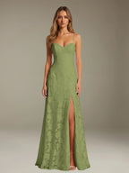 Elegant women's A-line evening dress in a rich hue, designed for formal occasions and wedding guests, featuring a sophisticated side slit for added allure. 17