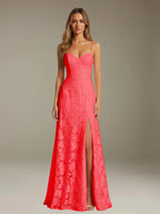Elegant women's A-line evening dress in a rich hue, designed for formal occasions and wedding guests, featuring a sophisticated side slit for added allure. 18