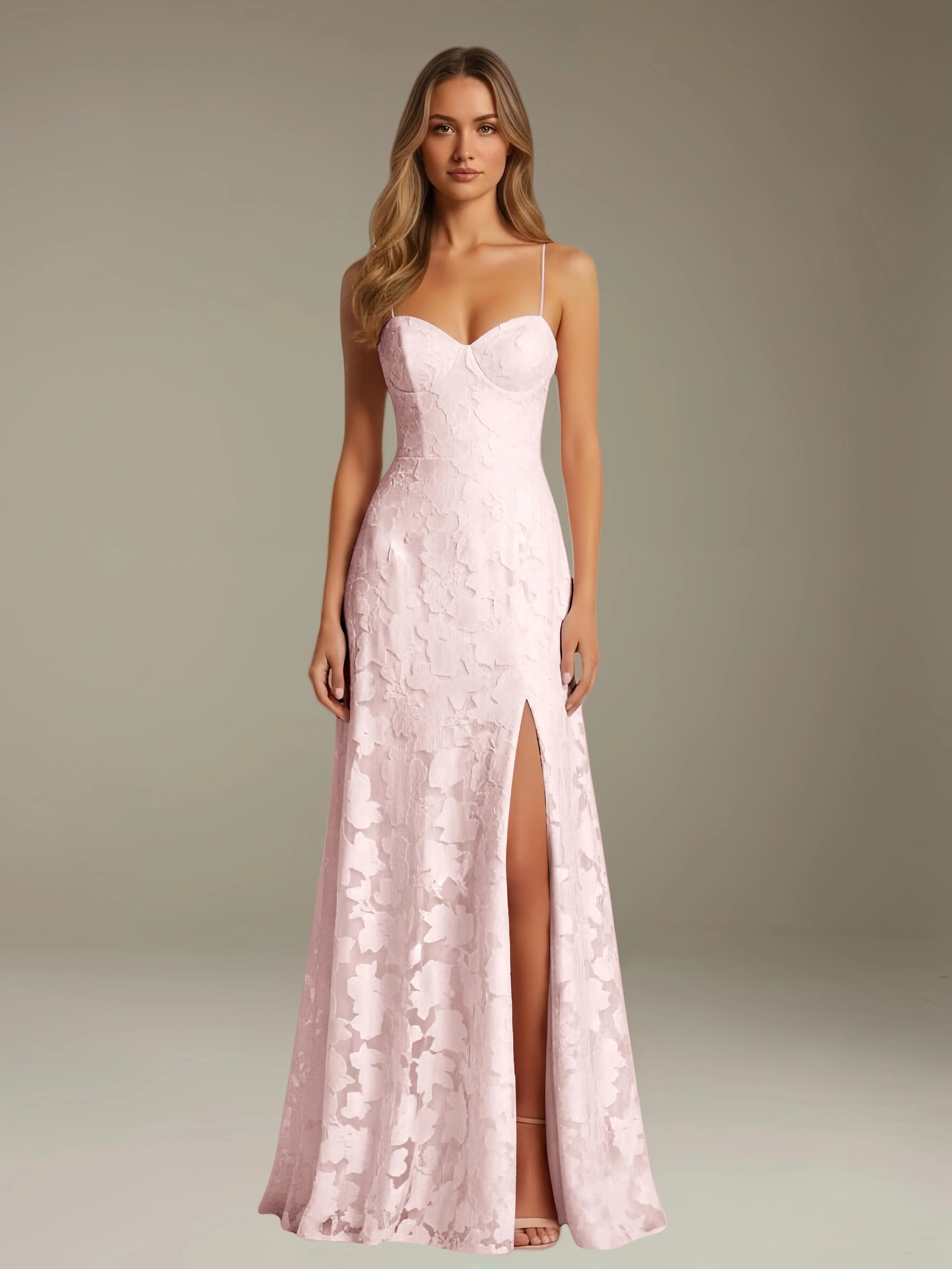 Elegant women's A-line evening dress in a rich hue, designed for formal occasions and wedding guests, featuring a sophisticated side slit for added allure. 2