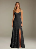 Elegant women's A-line evening dress in a rich hue, designed for formal occasions and wedding guests, featuring a sophisticated side slit for added allure. 5