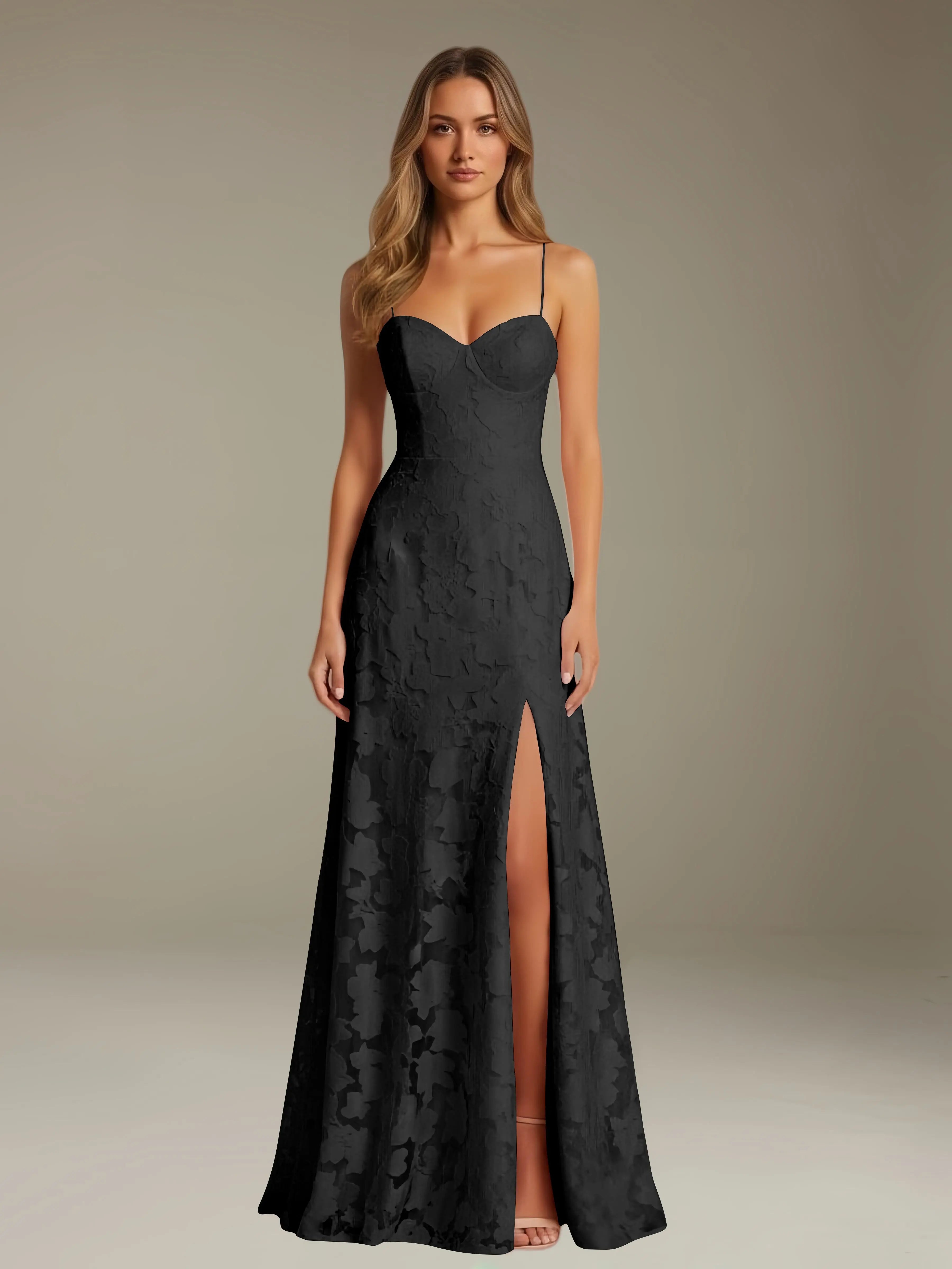 Elegant women's A-line evening dress in a rich hue, designed for formal occasions and wedding guests, featuring a sophisticated side slit for added allure. 5