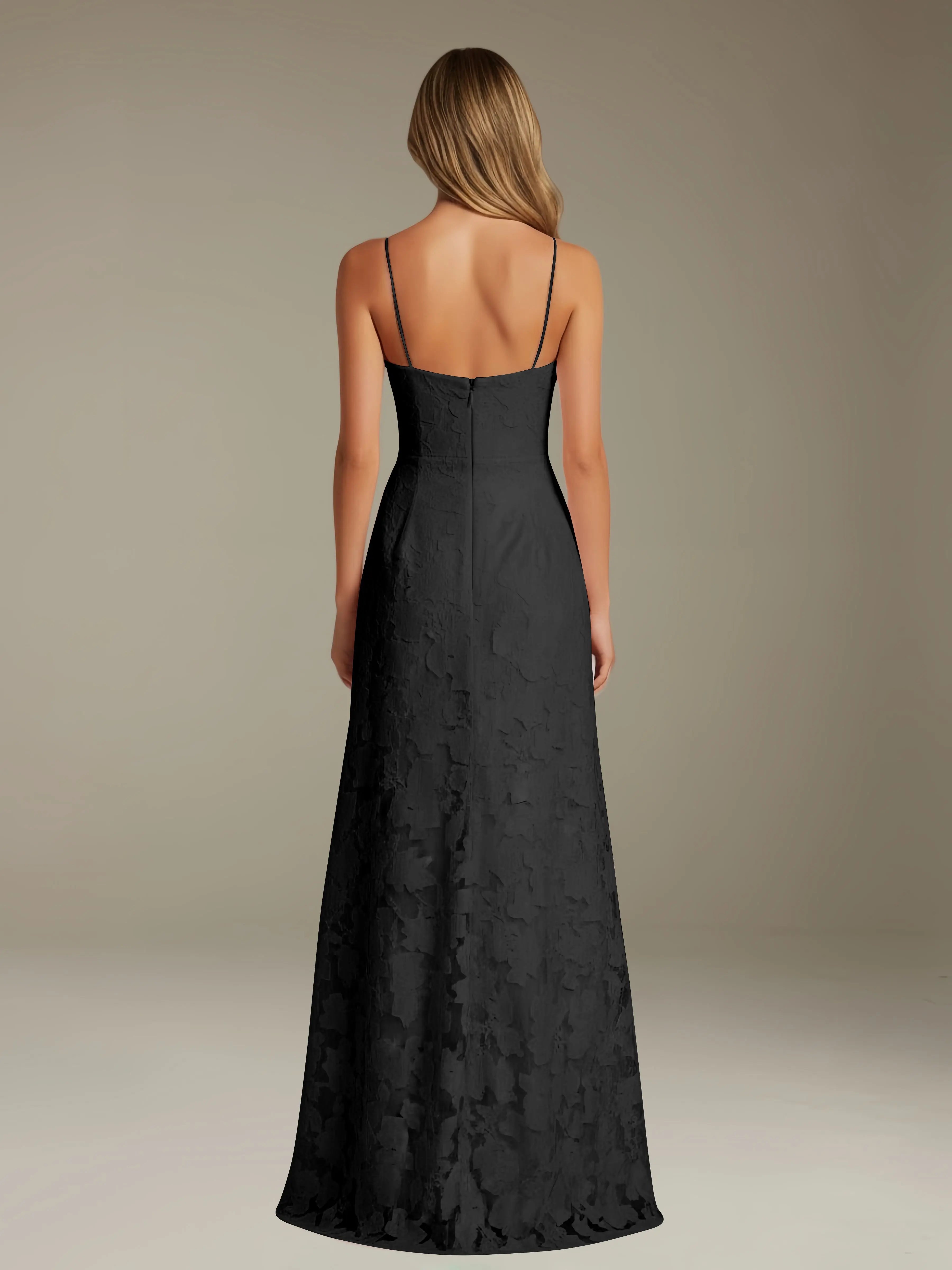 Elegant women's A-line evening dress in a rich hue, designed for formal occasions and wedding guests, featuring a sophisticated side slit for added allure. 6