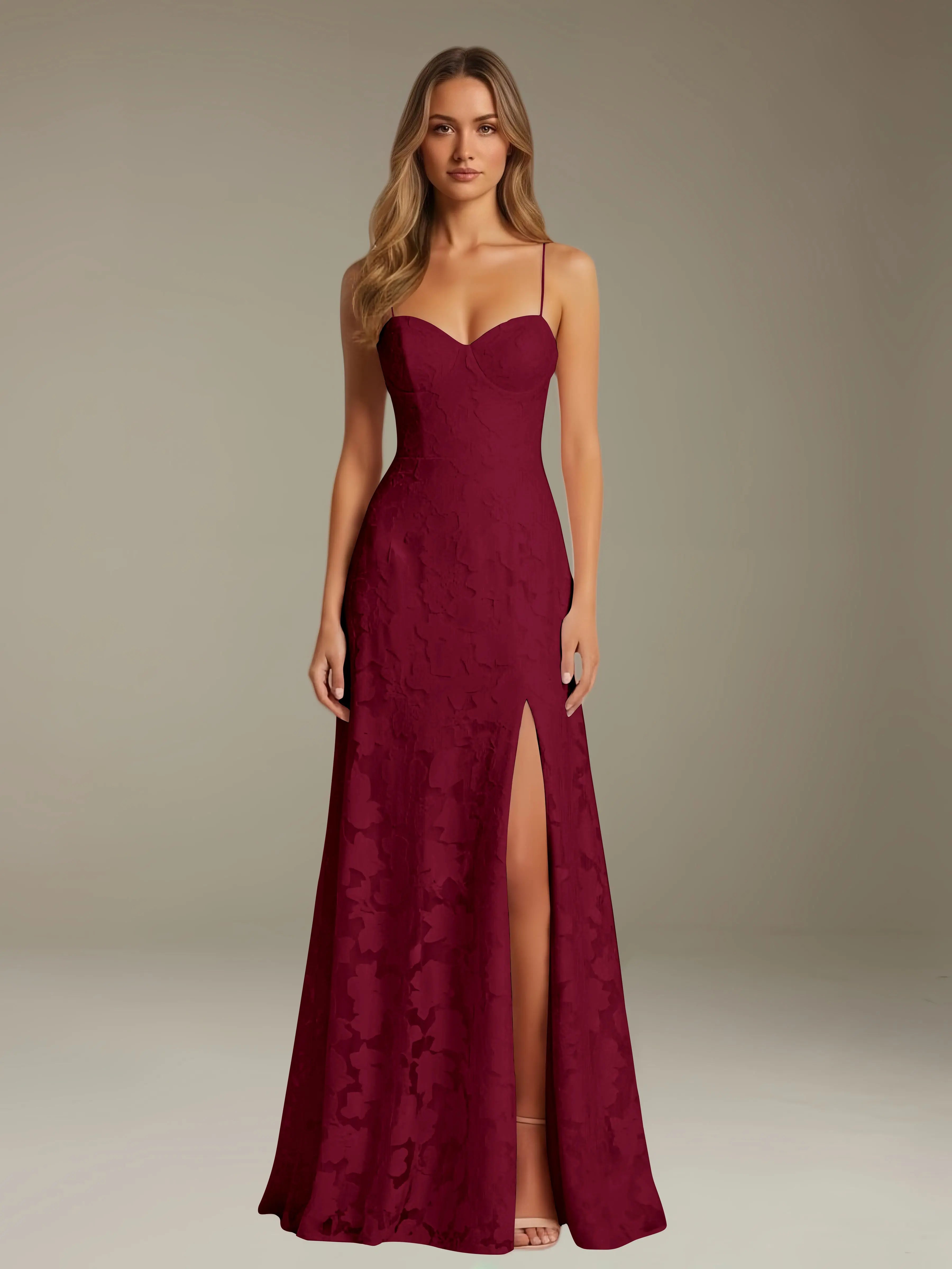 Elegant women's A-line evening dress in a rich hue, designed for formal occasions and wedding guests, featuring a sophisticated side slit for added allure. 9