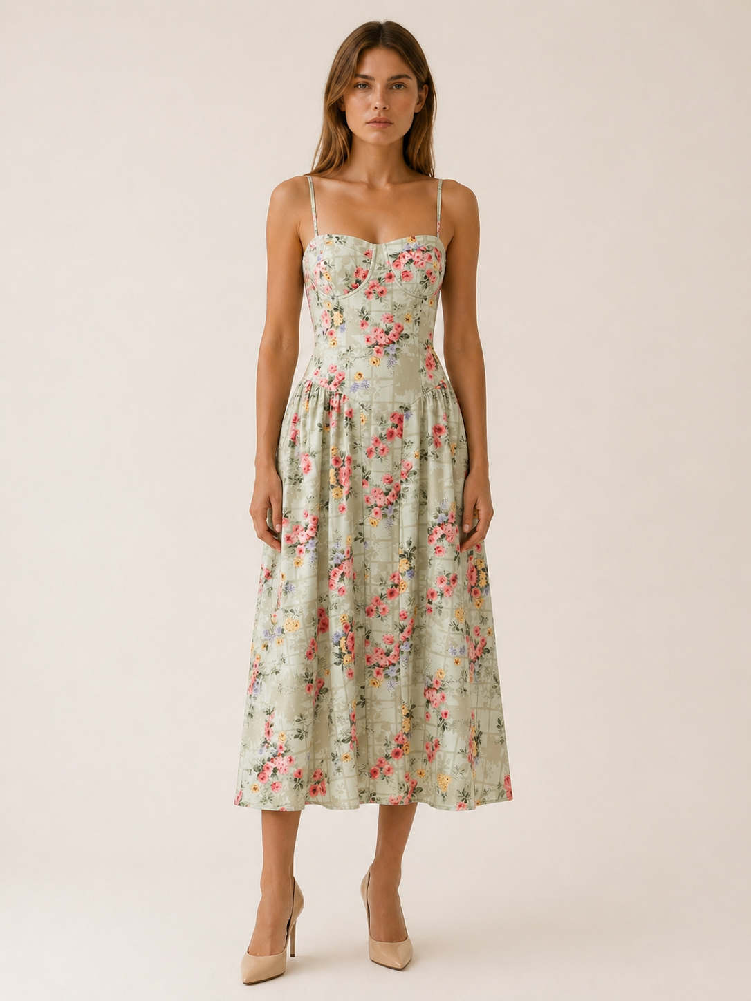 Elegant women's corset midi dress featuring a flattering sweetheart neckline, perfect for summer occasions, with a stylish design that enhances the feminine silhouette. 0