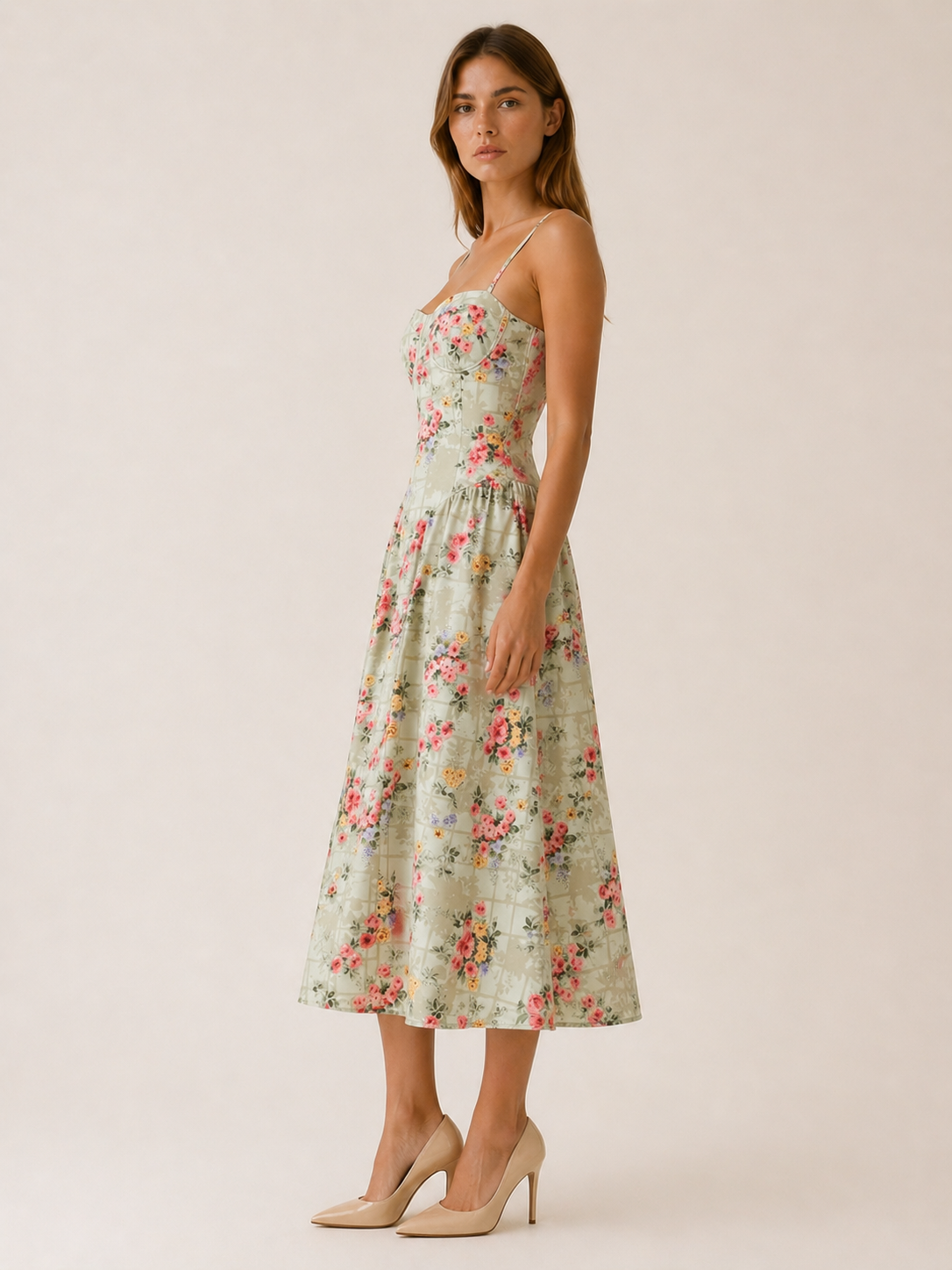 Elegant women's corset midi dress featuring a flattering sweetheart neckline, perfect for summer occasions, with a stylish design that enhances the feminine silhouette. 1