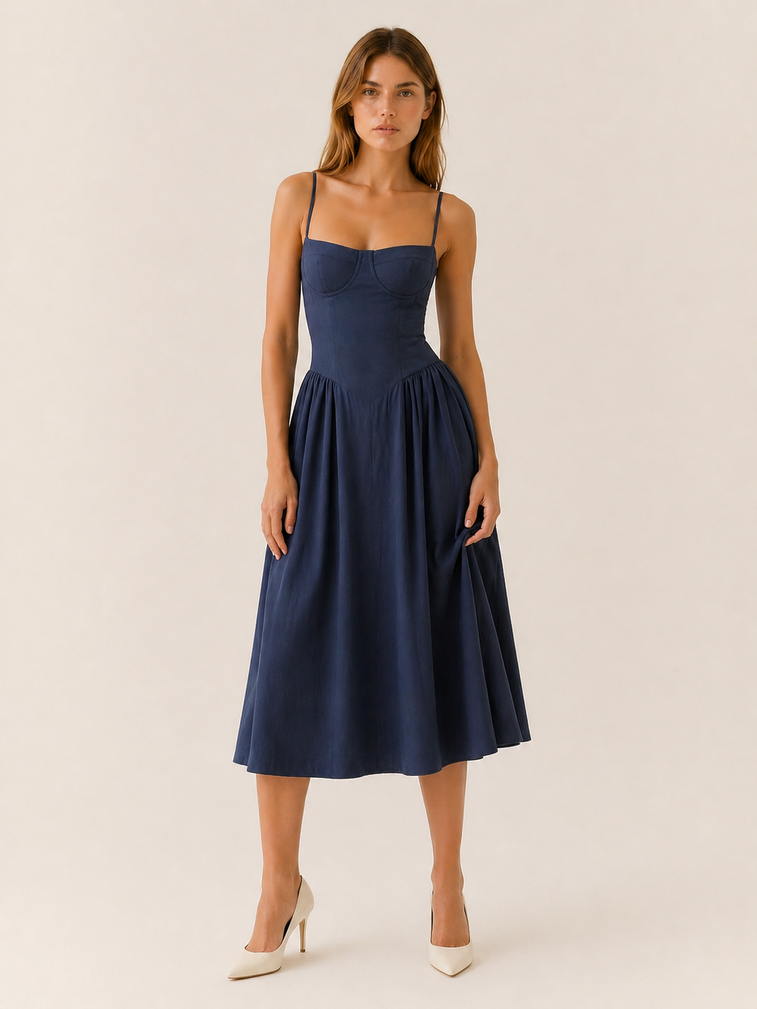 Elegant women's corset midi dress featuring a flattering sweetheart neckline, perfect for summer occasions, with a stylish design that enhances the feminine silhouette. 5
