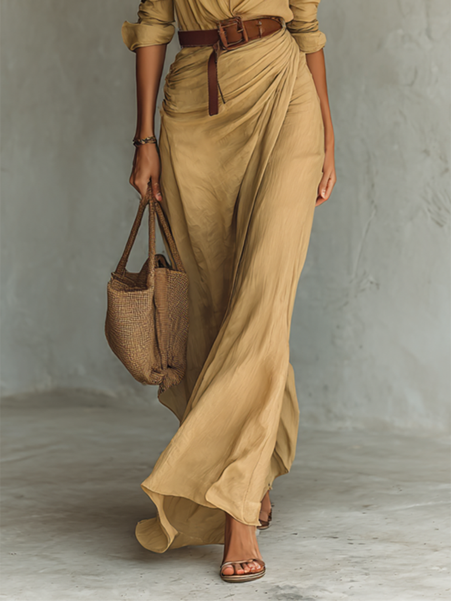Women's long shirtdress with a belted waist, perfect for summer occasions and formal events, featuring a stylish collar and lightweight fabric. 5