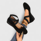 Orthopedic ballet flats with ankle strap in black