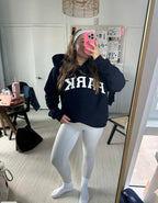 Women's oversized sweatshirt featuring soft chenille lettering, perfect for casual everyday wear and stylish comfort. 15