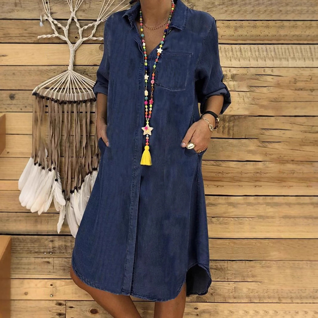 Women's relaxed fit denim shirt dress in a casual style, perfect for everyday wear, featuring a flattering silhouette and versatile design. 5