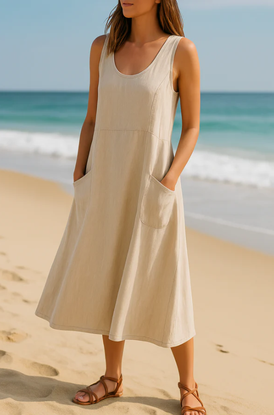 Women's relaxed maxi dress featuring stylish pockets, perfect for summer occasions, showcasing a lightweight fabric and a comfortable fit. 6