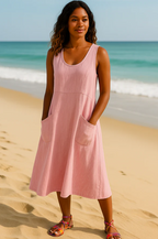Women's relaxed maxi dress featuring stylish pockets, perfect for summer occasions, showcasing a lightweight fabric and a comfortable fit. 7