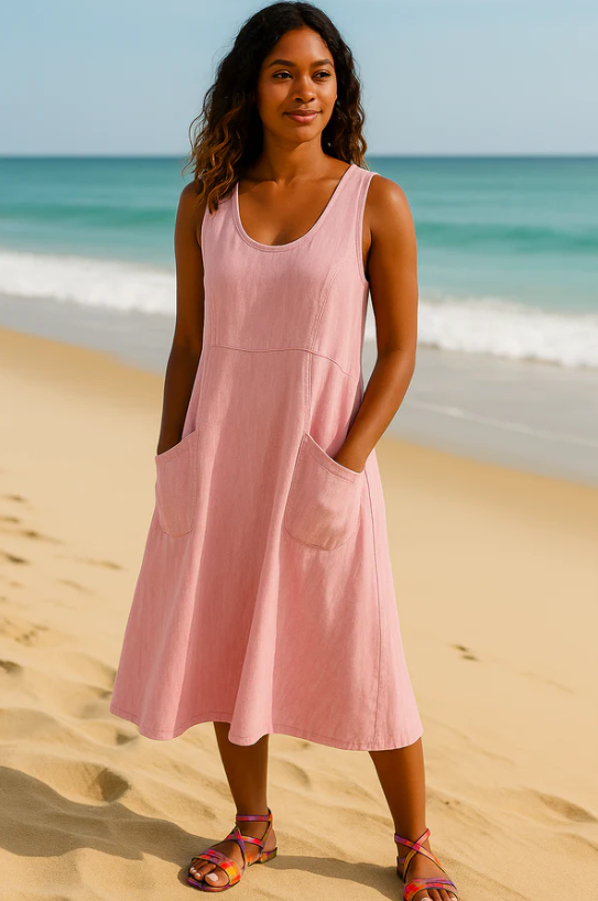 Women's relaxed maxi dress featuring stylish pockets, perfect for summer occasions, showcasing a lightweight fabric and a comfortable fit. 7