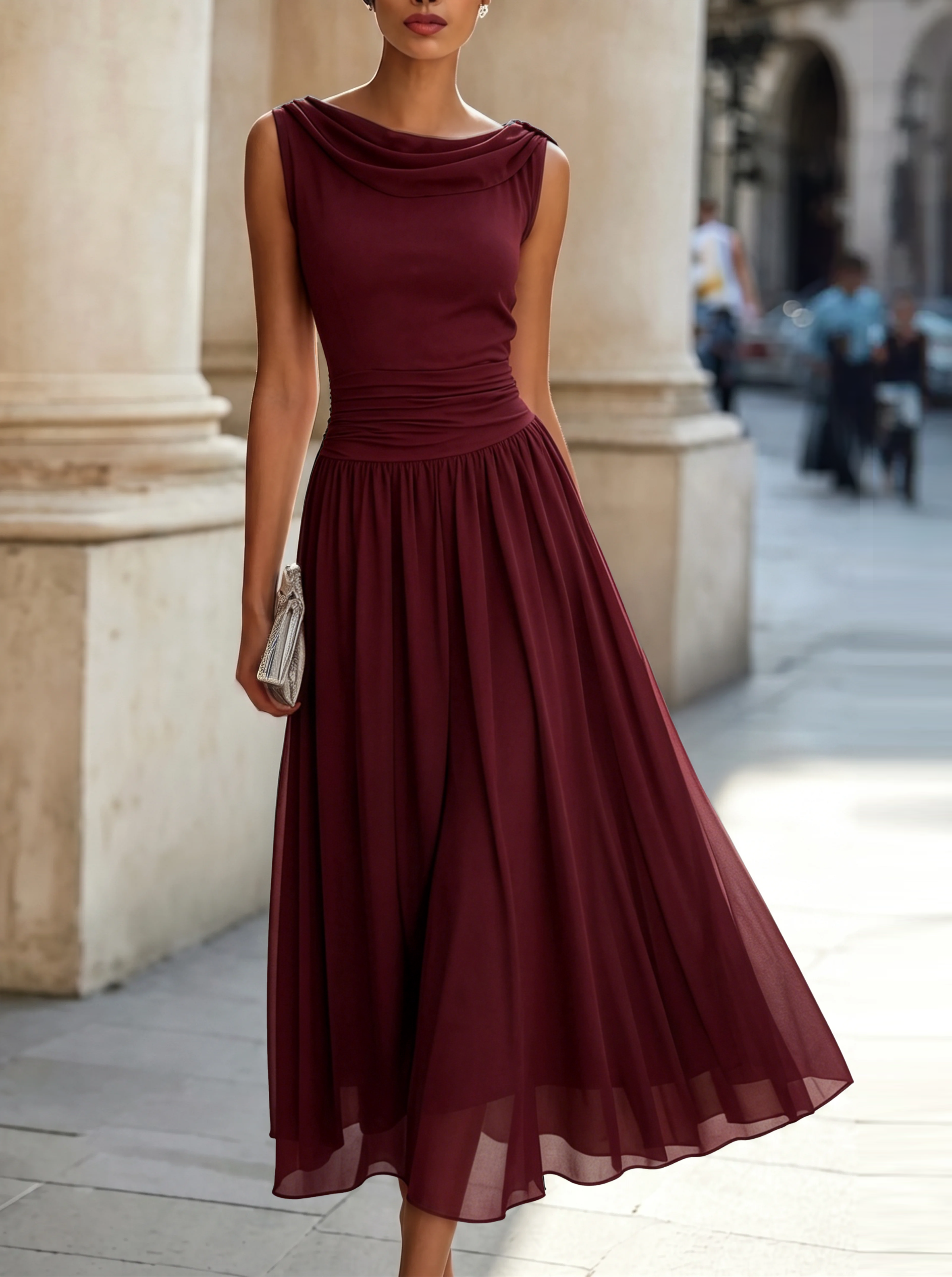 Women's sleeveless pleated midi dress in plus size, perfect for formal cocktails, featuring a flattering silhouette and elegant design. 11