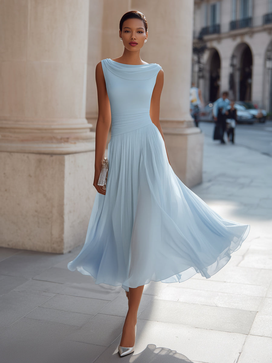 Women's sleeveless pleated midi dress in plus size, perfect for formal cocktails, featuring a flattering silhouette and elegant design. 8