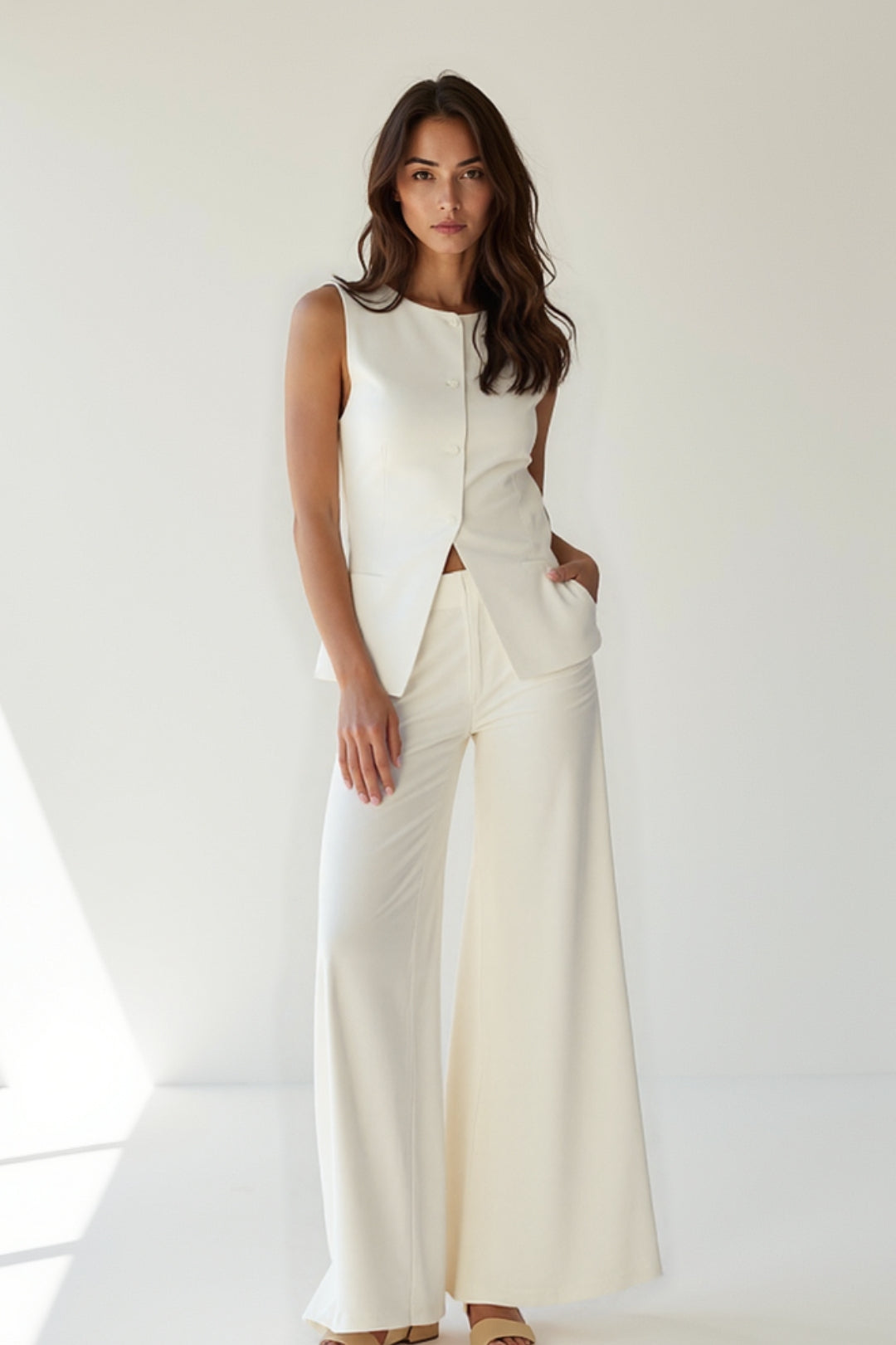 Women's sleeveless set featuring a stylish top and flowy wide-leg pants, perfect for summer outings and casual wear. 0