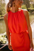 Women's slim fit midi dress featuring a sleeveless design and high neckline, perfect for summer occasions. 5