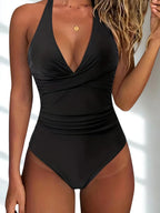 Women's tummy control one piece swimsuit featuring a flattering criss-cross V-neck design, perfect for enhancing curves and providing support. 1