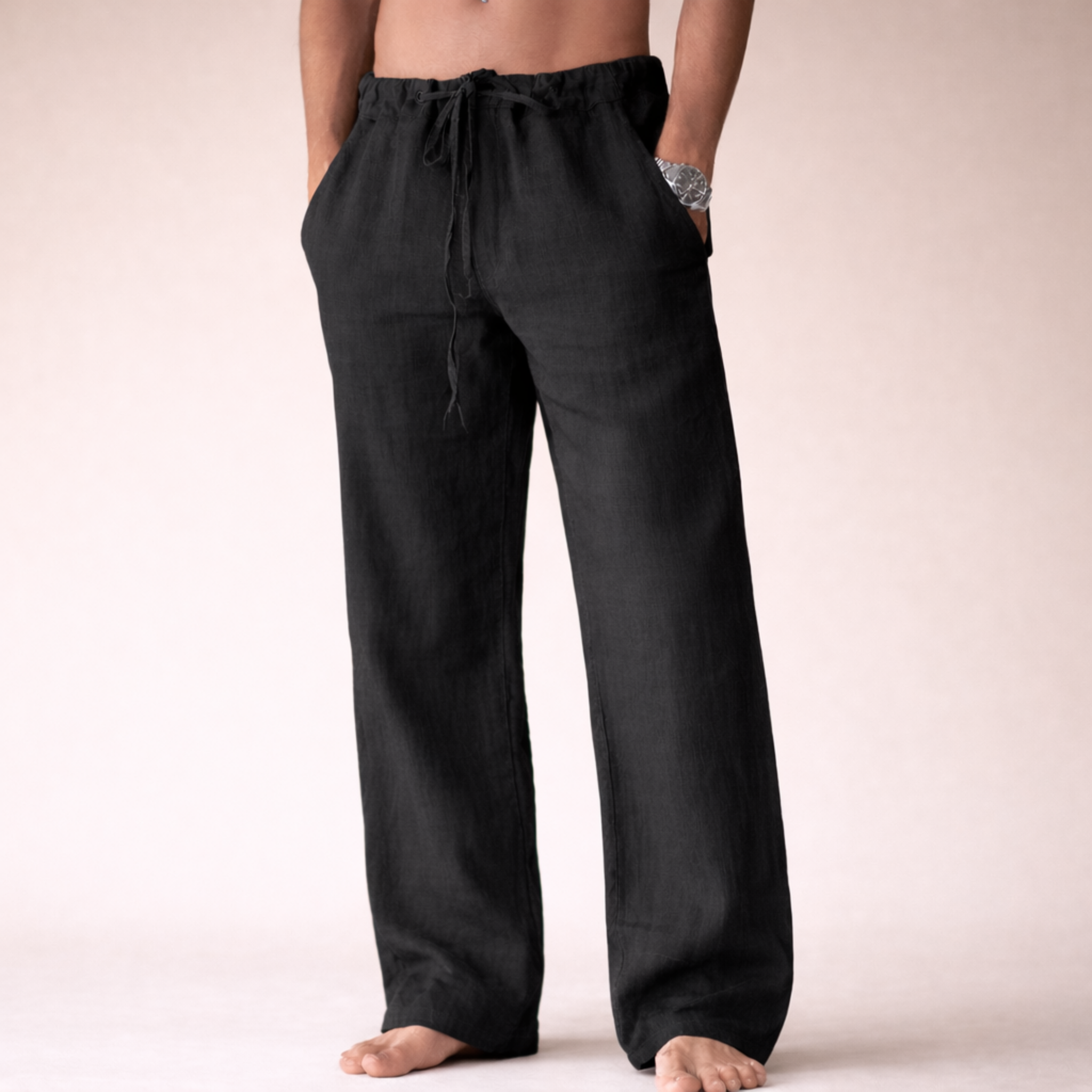 Women’s wide leg linen trousers designed for casual summer wear, featuring a breathable fabric, relaxed fit, and stylish look, perfect for warm weather outings. 3